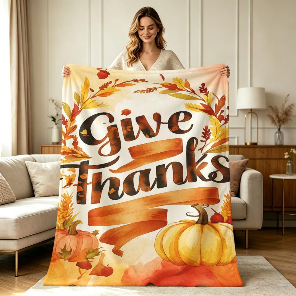 Soft Warm Flannel Throw Blanket with Thanksgiving Give Thanks Fall Harvest Pumpkin Wheat Wreath Print All Season Use for Sofa Couch Bed Living Room Of