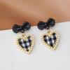 Cute Korean Hanging Love Grid Pearl Heart Earrings for Women Girls Fashion 2024 Bowknot Earrings Trend Party Jewelry