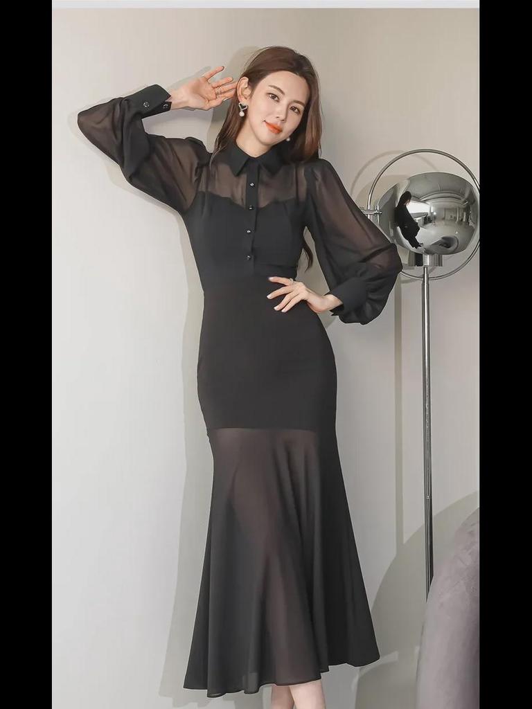 Korean Style Women's Autumn 2023 Slim Fit Ruffle Hem Dress