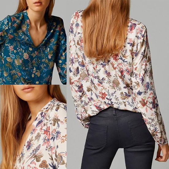 Women's Vintage Style Flower Print V Neck Long Sleeve Cotton Shirt Blouse Top
