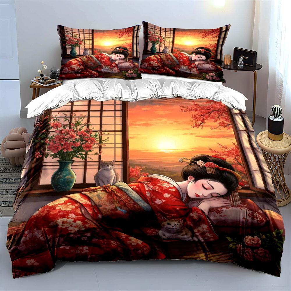 Japanese Ukiyo-e Geisha Two Cats Sunset Window Cherry Blossom Bedding SetVintage Kimono Floral Oriental Print Duvet CoverGift