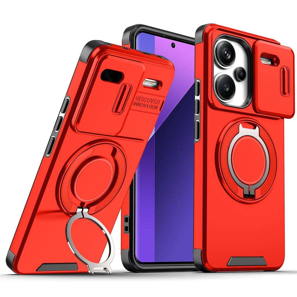 Magnetic Metal Ring Stand Armor Case For Xiaomi Redmi Note 13 Pro Plus 5G Slide Push Window Lens Protection Phone Cover Shell