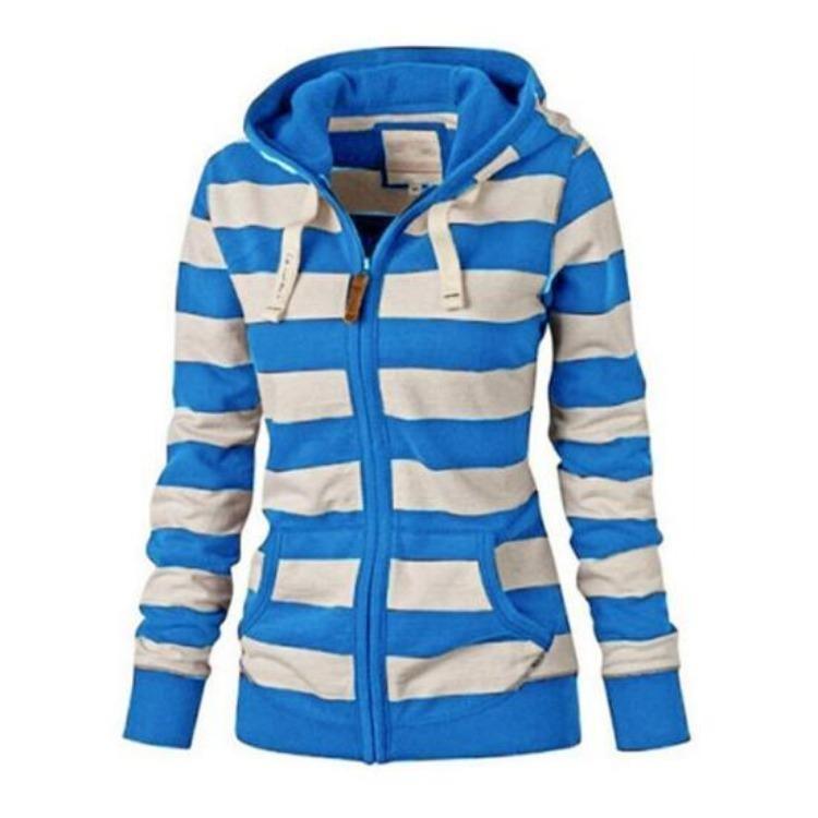 Winter Fashion Women Hoodie Coat Striped Print Long Sleeves Drawstring Pockets Zipper Closure Sweatshirt Jacket Autumn Winter