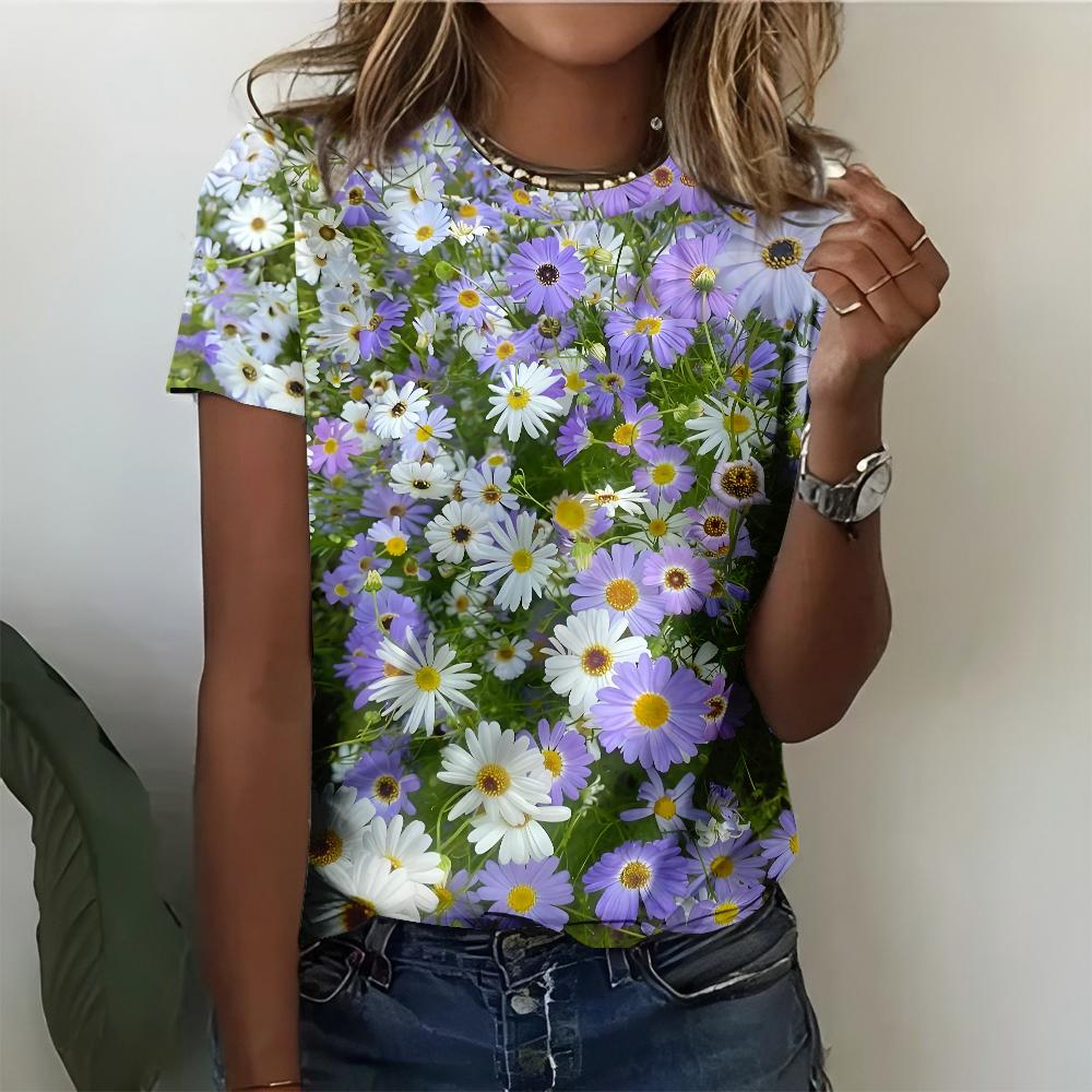 Summer Women's T-shirt Blooming Flower Sea Colorful Flowers Full Print Women's Leisure Versatile Short Sleeve Top