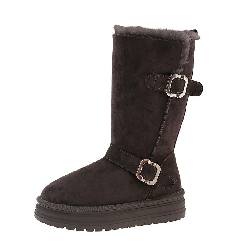 Faux Leather Snow Boots Women's Tall Tube New Winter Velvet Thickened Warm Medium Tube Non-slip and Cold-resistant Belt Buckle Women's Cotton Shoes