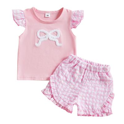 Toddler Baby Girl Summer Clothes Bow Embroidery Flying Sleeve Round Neck Tops Plaid Ruffled Shorts Outfit