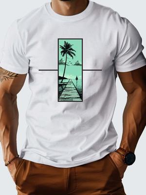 Tropical Pier Palm Tree Sailboat Graphic Tee Mens Breathable Cotton Casual Short Sleeve TShirt