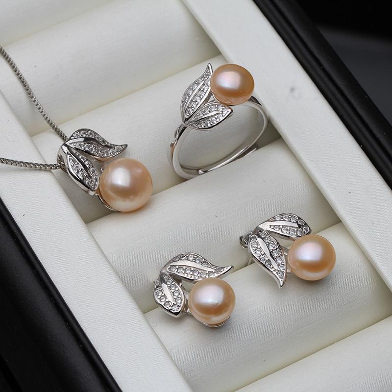 Real Pearl Ring Necklace Earrings For Women,Natural Freshwater White Pearl Jewelry Set CopperJewelry Sets Gift