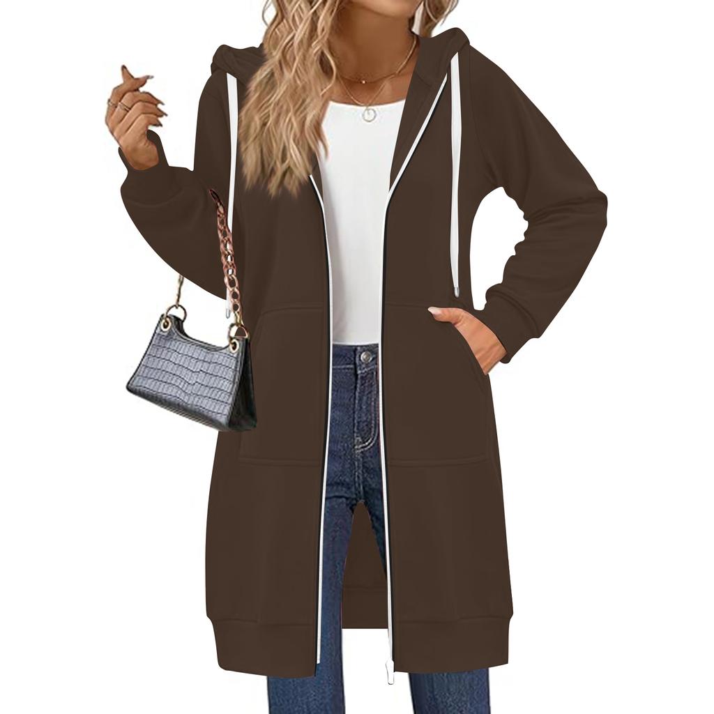 Damen Einfarbig Slim Fit Reißverschluss Rundhals Langarm Locker Kapuzenmantel Mittellang