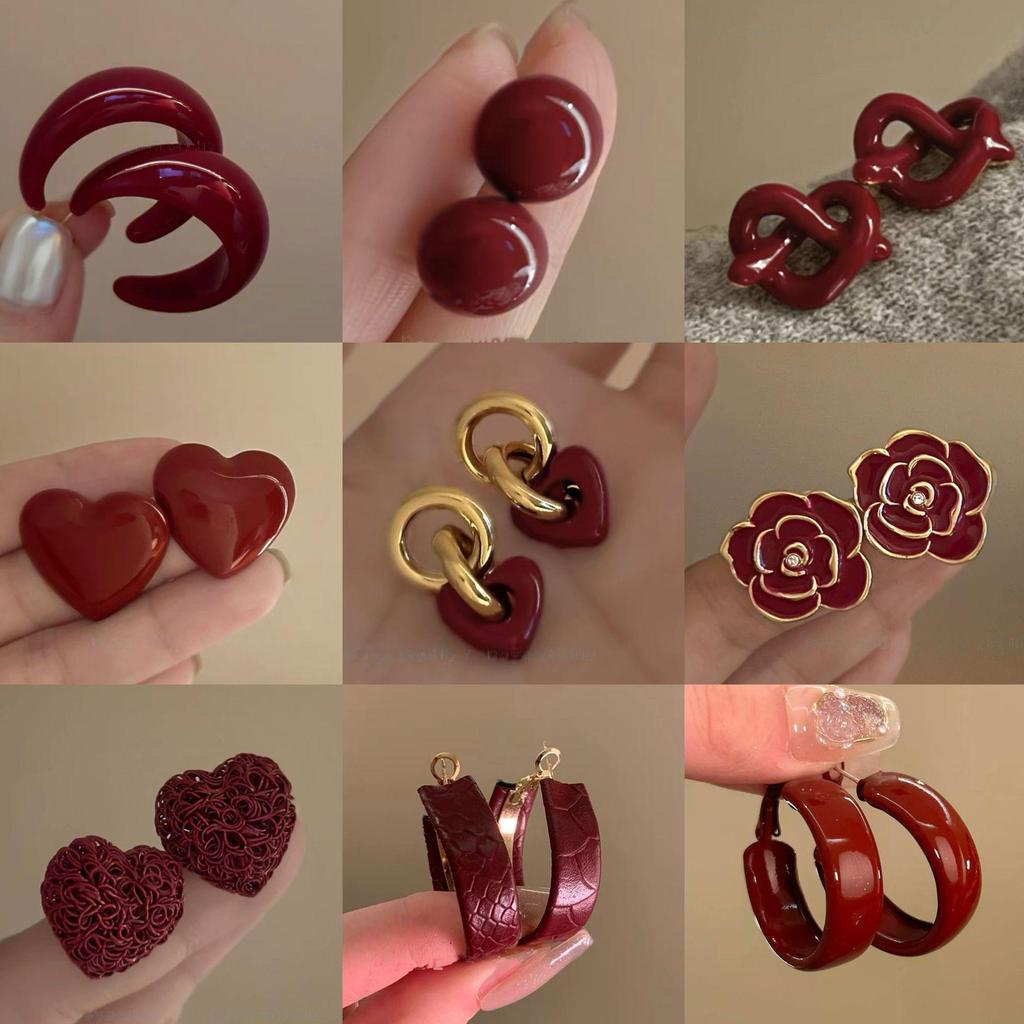 2024 Exquisite High-End Retro Silver Needle Red Heart Flower Earrings for Women