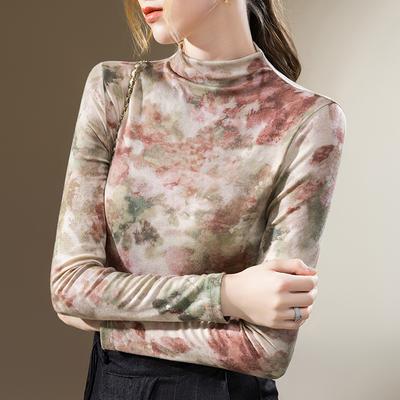 Half Turtleneck Base Shirt for Women's Contrasting Color Printed Long-sleeved T-shirt Waist-hugging Top