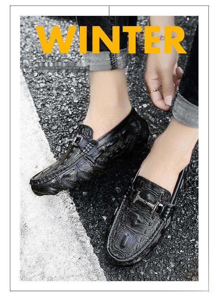 Men's Spring Alligator Pattern Leather Slip-On Shoes - Casual, Trendy, Soft Sole Driving & Work Shoes