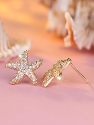 Cute Starfish Women Stud Earrings Gold Color Sweet Party Engagement Charming Accessories Inlaid Shiny CZ Chic Jewelry