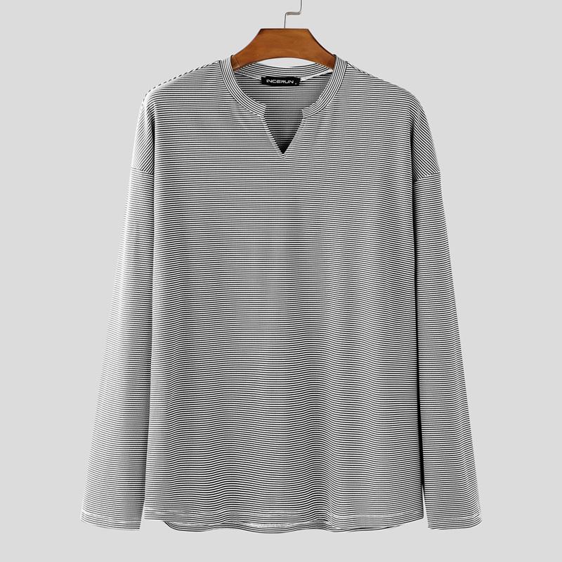 INCERUN Men Stand Neck Long Sleeve Texture Striped Casual Pullover Tops