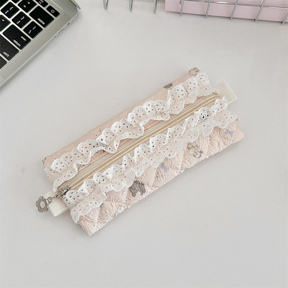 Cute Sweet Lace Ruffle Pencil Case for Girl Pink Color Cartoon Animal Pen Pouch Portable Creative Design Stationery Organizer