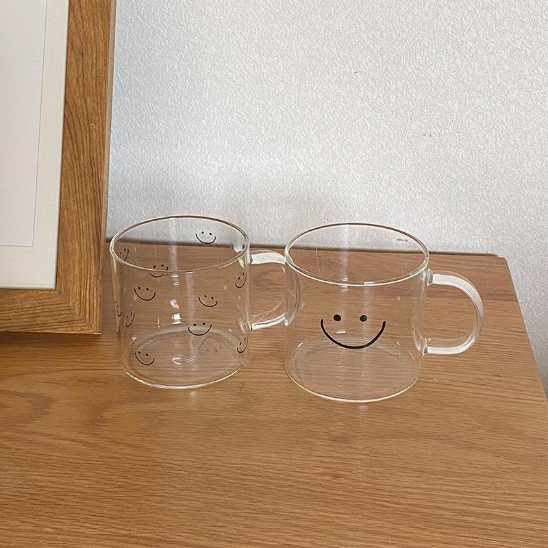 Busy Shop Ins Smiley Face Handle Glass, Cartoon High Temperature Resistant Simple Milk Cup Breakfast Fruit Cup 500Ml