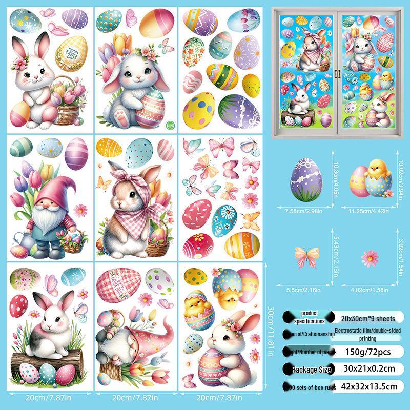 Cartoon Rabbit & Colored Eggs Static Cling Window Decor Stickers for Easter