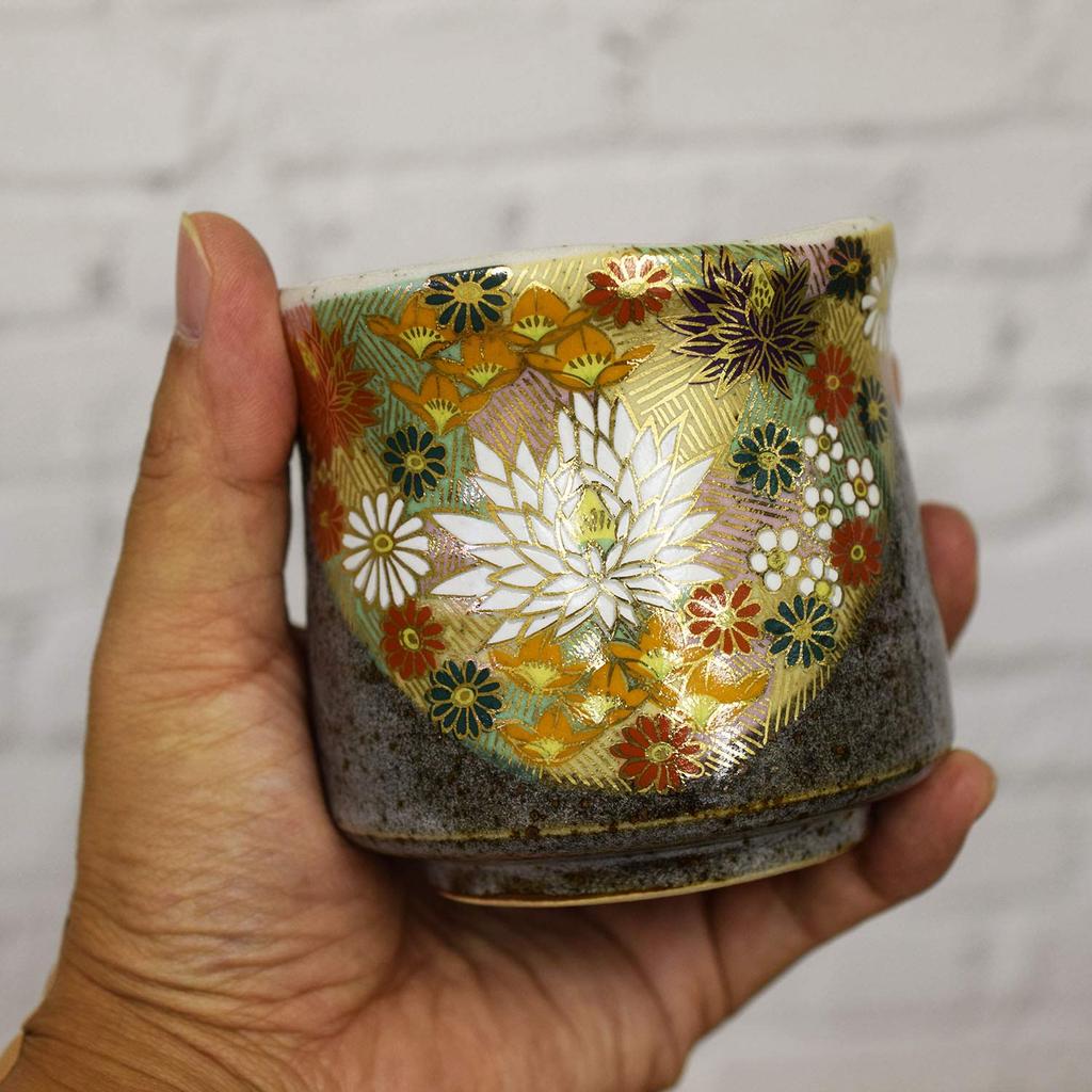 Waza No Kura Stylish Kutani Ware Teacup with Gold Flower Brand Japanese Made In Perfect As a Birthday 60th 70th 77th 80th 88th or 90th Design,