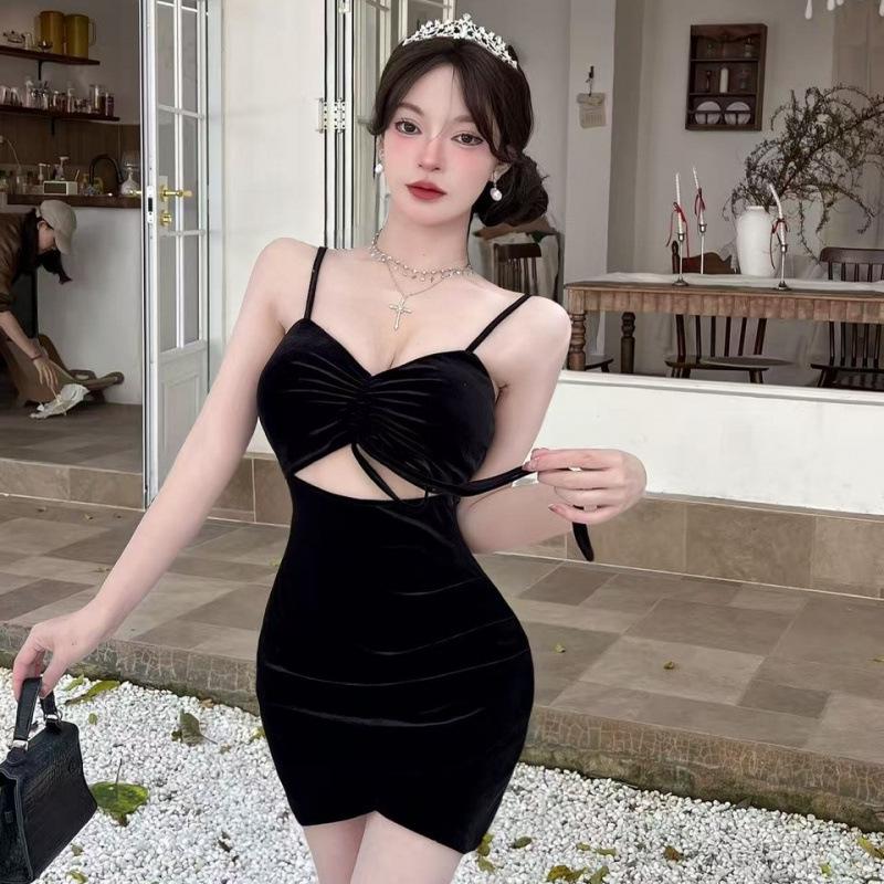 Sultry Velvet Cut-Out Camisole Mini Dress for Autumn/Winter