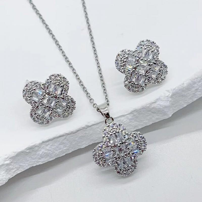 Dainty Zirconia-Encrusted Four-Leaf Clover Necklace Earring Set In Gold Or White Finish Lightweight O-Chain Jewelry Women