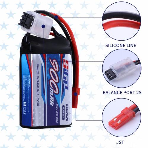 SIGP 7.4V 2S LiPo Baterie 900mAh 25C Měkký Akumulátor s JST Konektorem pro RC Letadlo Kvadrokoptéru Helikoptéru Dron FPV Závodní Hobby 2-Balení