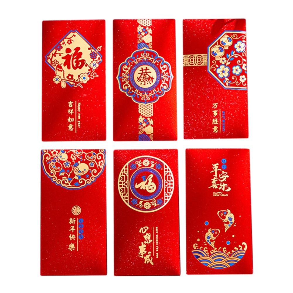

6 шт. Винтажные конверты для денег на удачу, красные карманные деньги, карманные новогодние красные конверты на китайский Новый год 6PCS