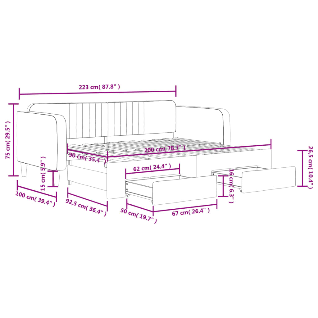 Extendable Daybed with Drawers Light Grey 90x200 Cm Velvet
