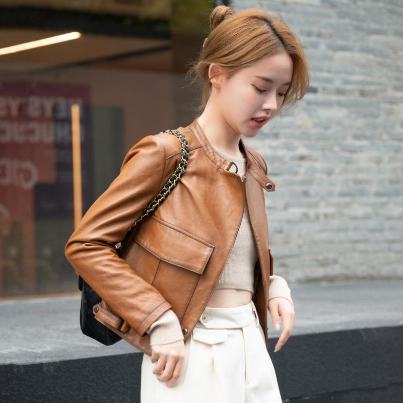 

Весна и осень Новая короткая куртка из натуральной кожи для женщин в байкерском стиле с воротником-стойкой из овчины 3XL