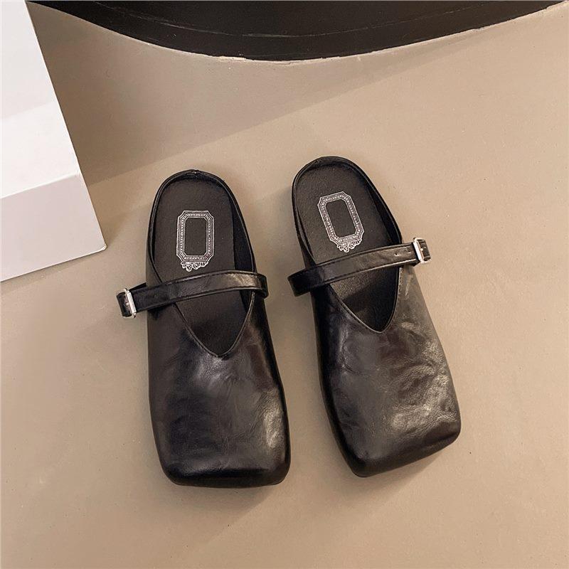 2025 Spring New Fashion Korean Version of Simple Belt Buckle Square Head Bag Head Half Drag Without Heel Lazy Slippers Women