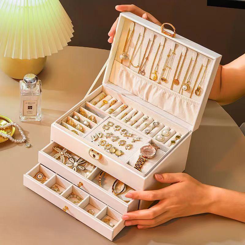 Three-layer Jewelry Storage Box, High-end Exquisite Necklace, Earrings, Gold Jewelry, Hand Jewelry Box, Large-capacity Multi-layer Pumping.