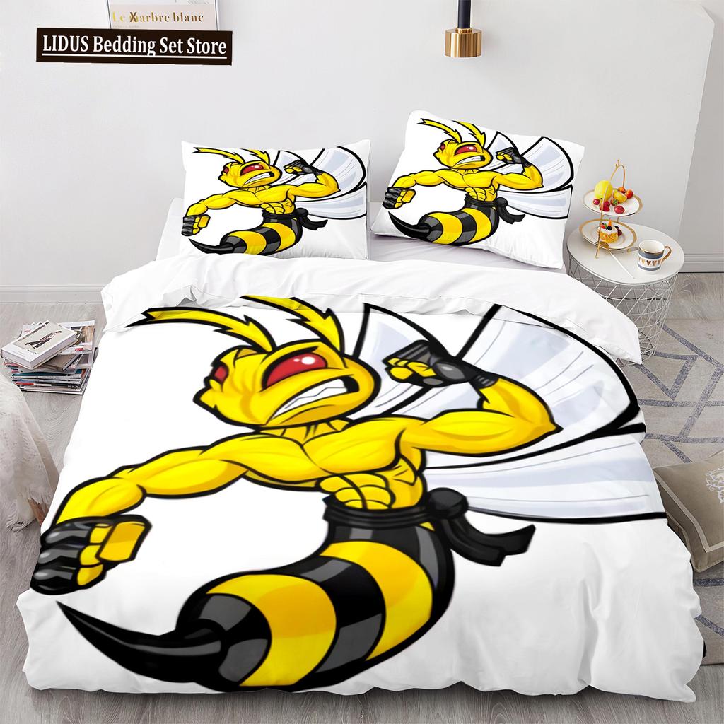 Bee Duvet Cover Set King Queen Size Yellow White Black Cartoon Angry Bee 3D Printed For Kids Boy Girl Teen Polyester Bedding Set