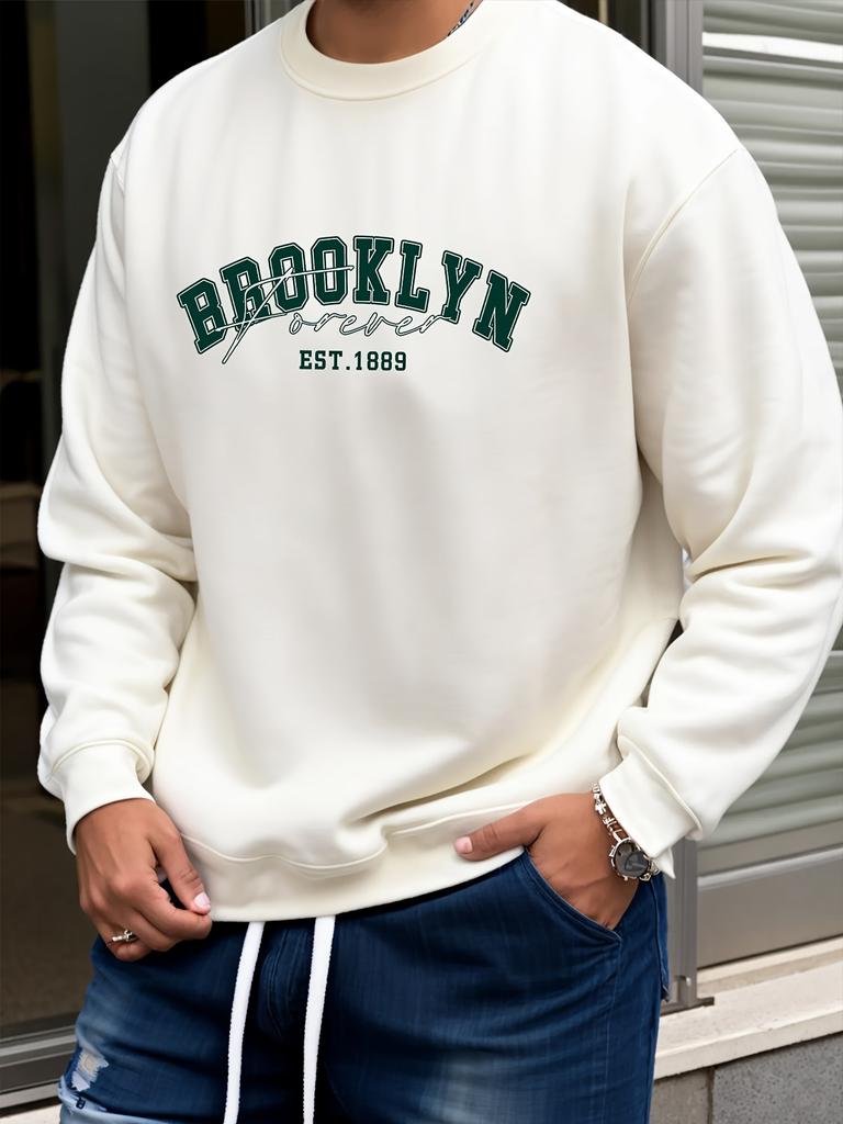 Men's Fashion Creative Design Brooklyn Letter Print Sport Casual Commuter Versatile Long Sleeve Crew Neck Sweatshirt