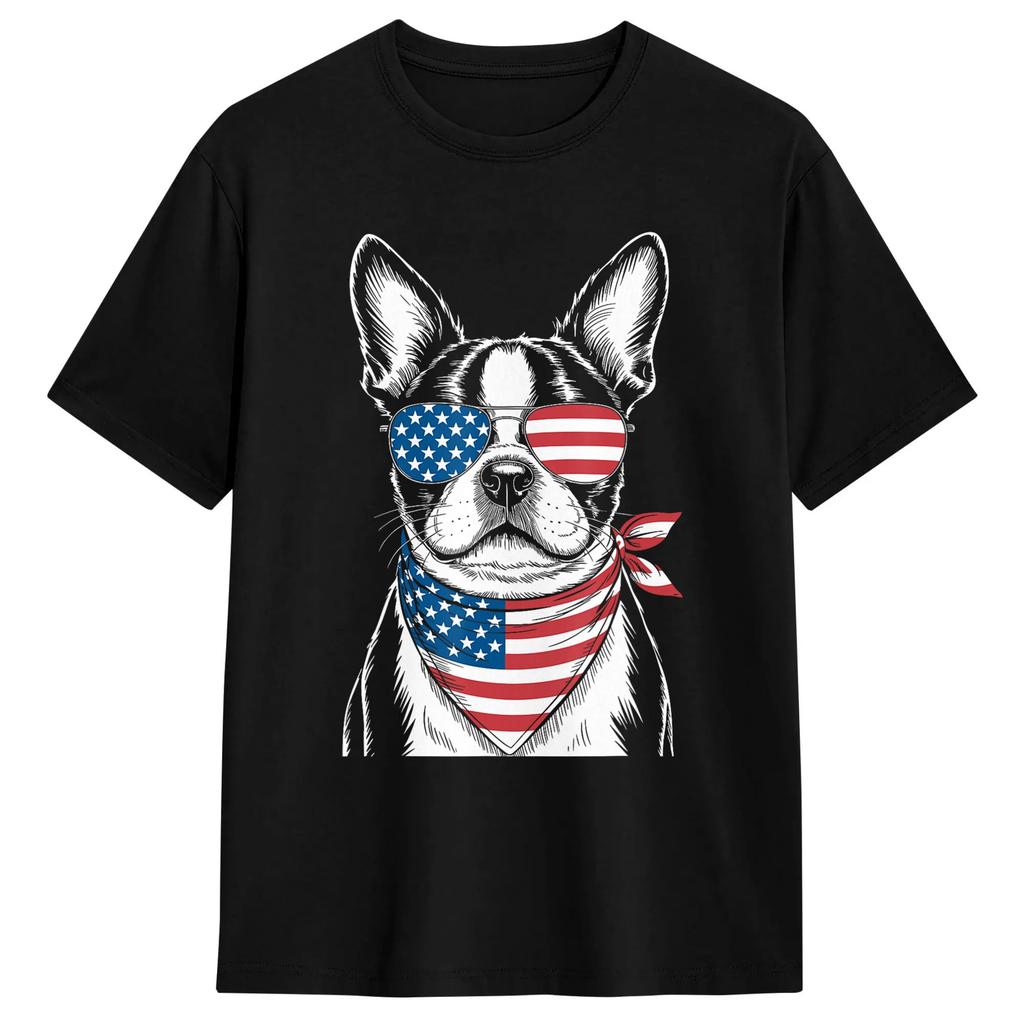 Boston Terrier 4th Of July Patriotic Dog Tshirt Trending T Shirts Shortsleeved Streetwear Tshirt 100 Cotton Oversize Tees