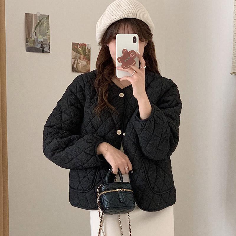 Women's Autumn Winter O Neck Long Sleeve Button Big Pocket Short Warm Parka Chic Jacket