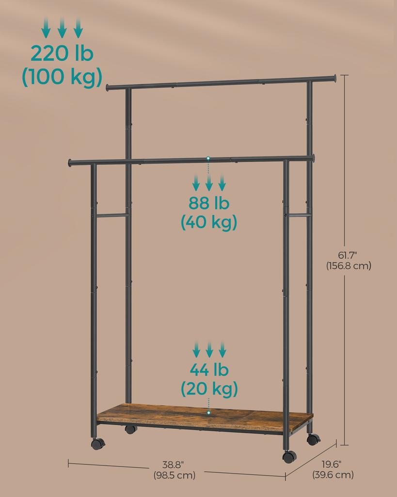 SONGMICS HOME Clothes Rack, Clothing Rack On Wheels, Portable Garment Rack, with 1 Clothes Hanging Rail, Matchstick-Shaped Hooks