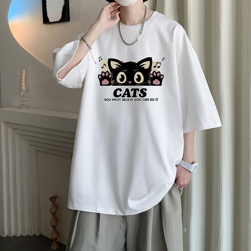 Unisexs Cotton Tshirts White Unisexs Oversized T Shirt Anime Cat Print Summer Casual Wear 5XL Tee Shirts Big Size Male Clothes