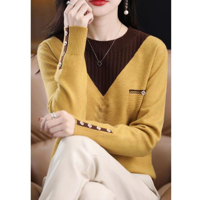 Damenbekleidung Herbst Winter Koreanischer Stil Patchwork Elegant Chic Gestrickte Pullover Lässig Rundhals Langarm Locker