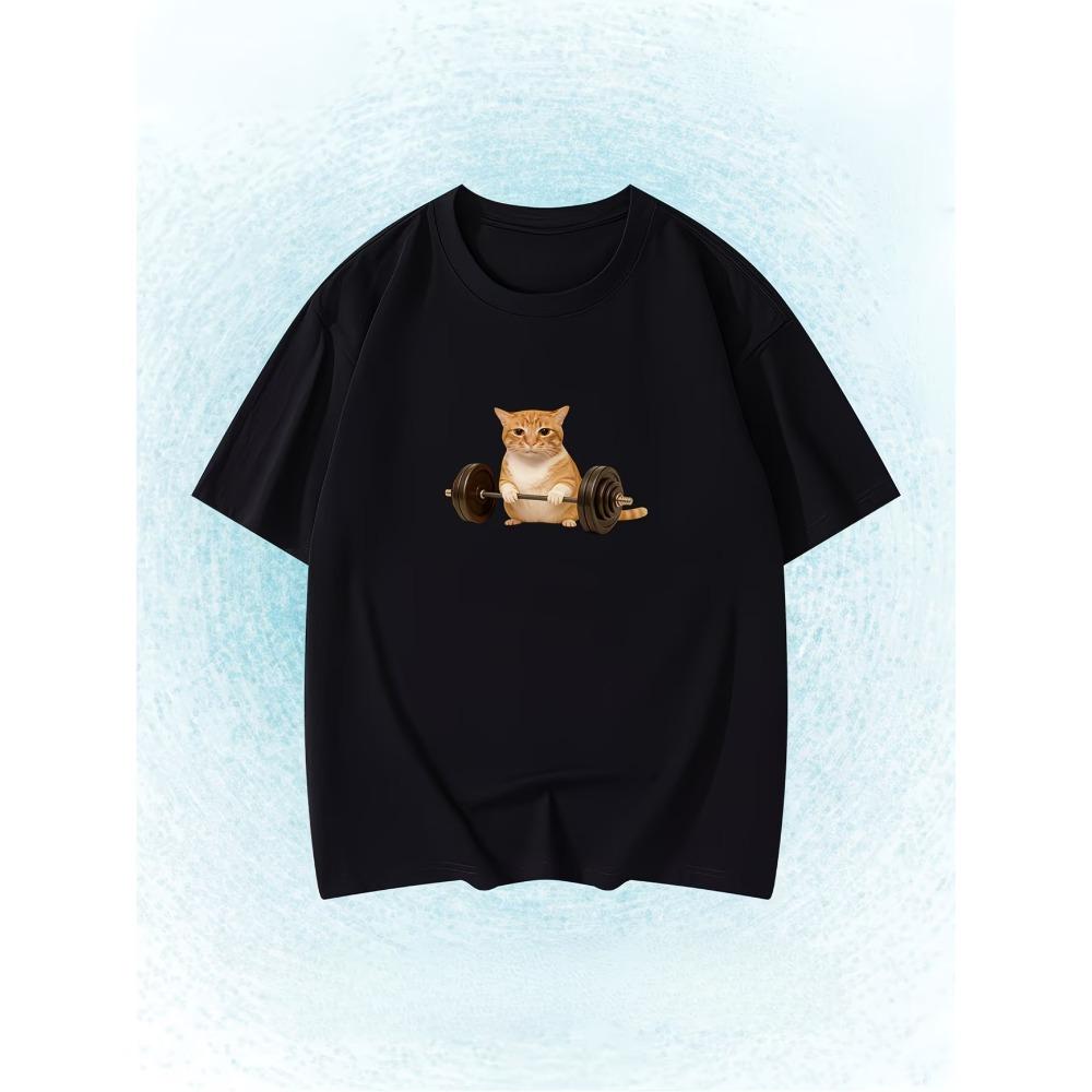 Funny Orange Cat Weightlifting Meme T-Shirt Gym Humor Graphic Tee Summer Short Sleeve Humorous Tops S