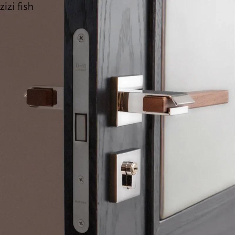 Walnut Door Handle Indoor Metal Door Lock Home Silent Locks Bedroom Magnetic Lock Secure Split Lock Doors Hardware Accessories