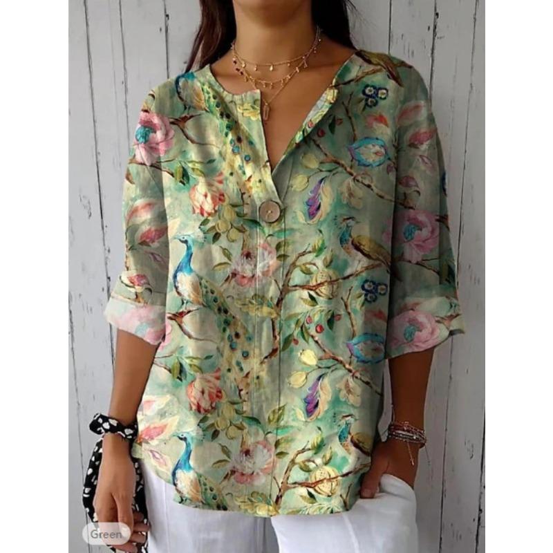 Fashion Summer Floral Printed Women Blouse V Neck Loose Casual Simple Office Shirt Ladies Summer Plus Size Holiday Sweet Short Sleeve Tops Clothes