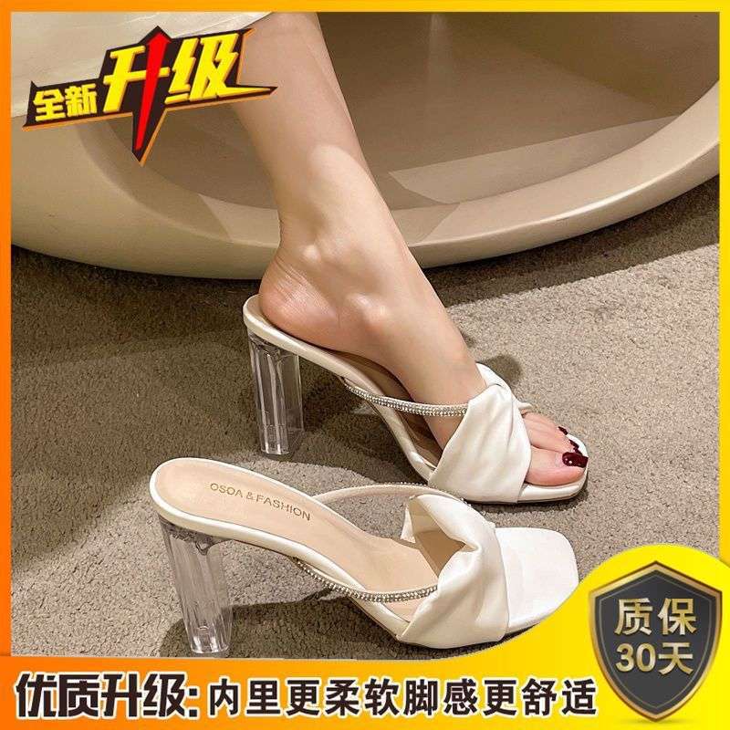 High-heeled sandals for women to wear in the summer of 2025, super fairy temperament cool slippers, popular crystal high-heeled one-word drag