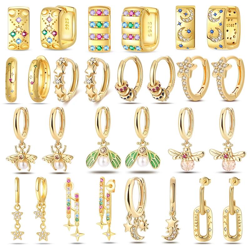 Original New In 925 Silver Gold Star And Moon Pave Colored Zircon Earrings For Women Trending Fashion Jewelry Birthday Gift