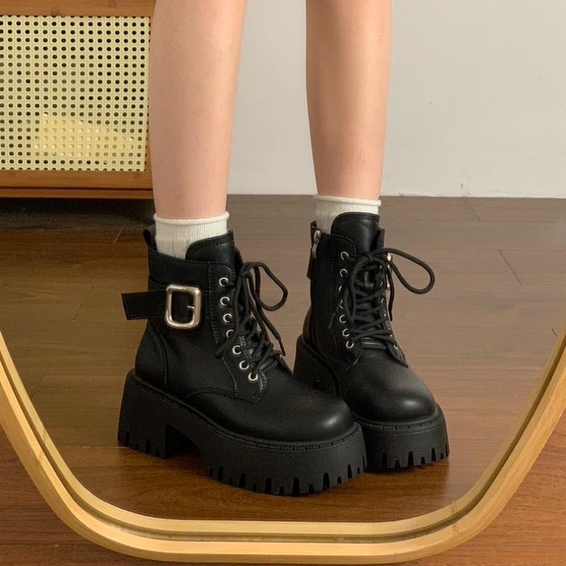 Women's High Heel Ankle Boots Round Head Square Heel Side Zip Women Boots Belt Buckle Four Seasons Leisure Smooth Fashion Shoes