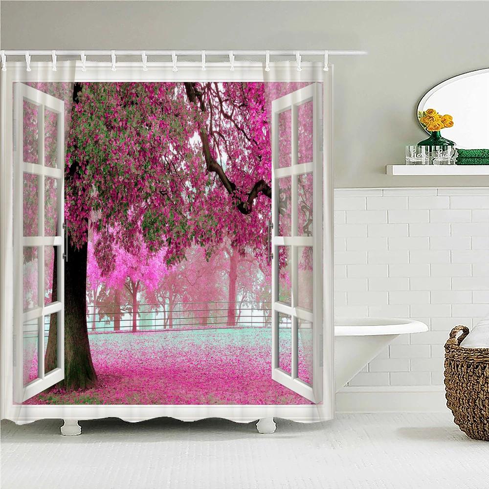 3D Waterproof Fabric Polyester Shower Curtains landscape Outside the Window Bathroom Curtains With Hooks Bathtub Decor Screen