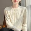 Korean Elegant Lace Crochet Round Neck Velvet-Enhanced Top with Pearl Details - Women's Thick Knit Inner Sweater