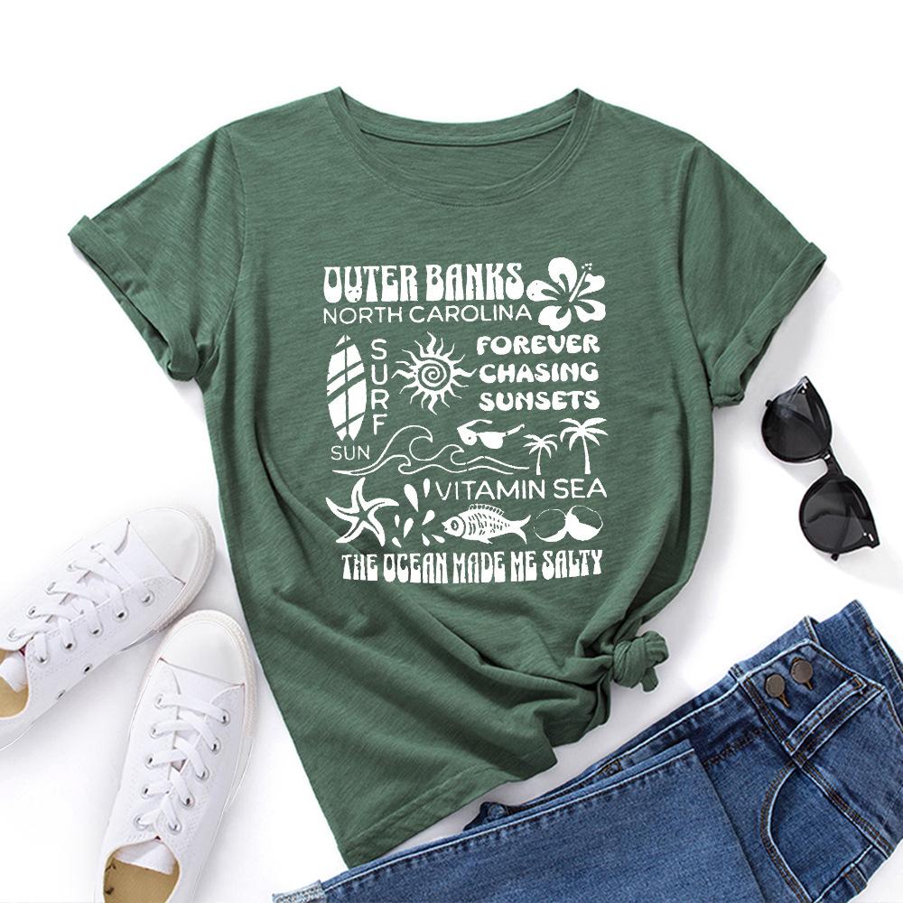 Alphabet Cotton T-Shirt Short Sleeve Round Neck Women 2d Print Tops