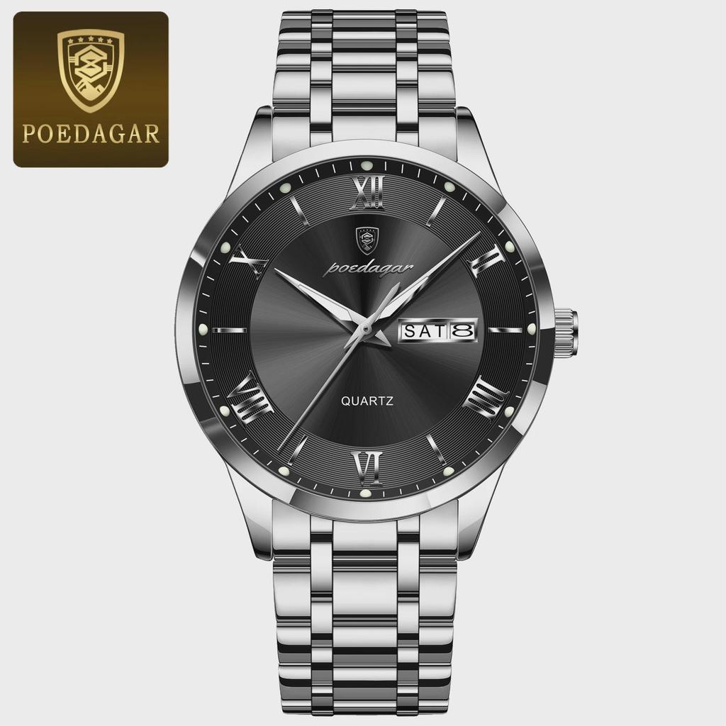 POEDAGAR Luxury Man Clock Waterproof Luminous Week Date Fashion Men's Wristwatch Stainless Steel Business Quartz Watches For Men