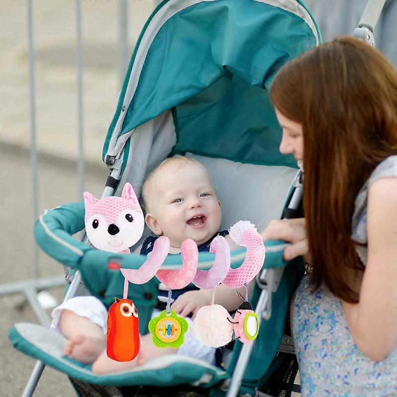 Baby Car Seat Toys, Infant Activity Spiral Plush Toys Hanging Stroller Toys for Baby with Musical Sheep Rattles Owl Ladybird with Distorting Mirror - 