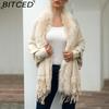 BITCED Fall/Winter Fringe Cape Shawl with Fur Collar Solid-Color Knit Sweater Jacket