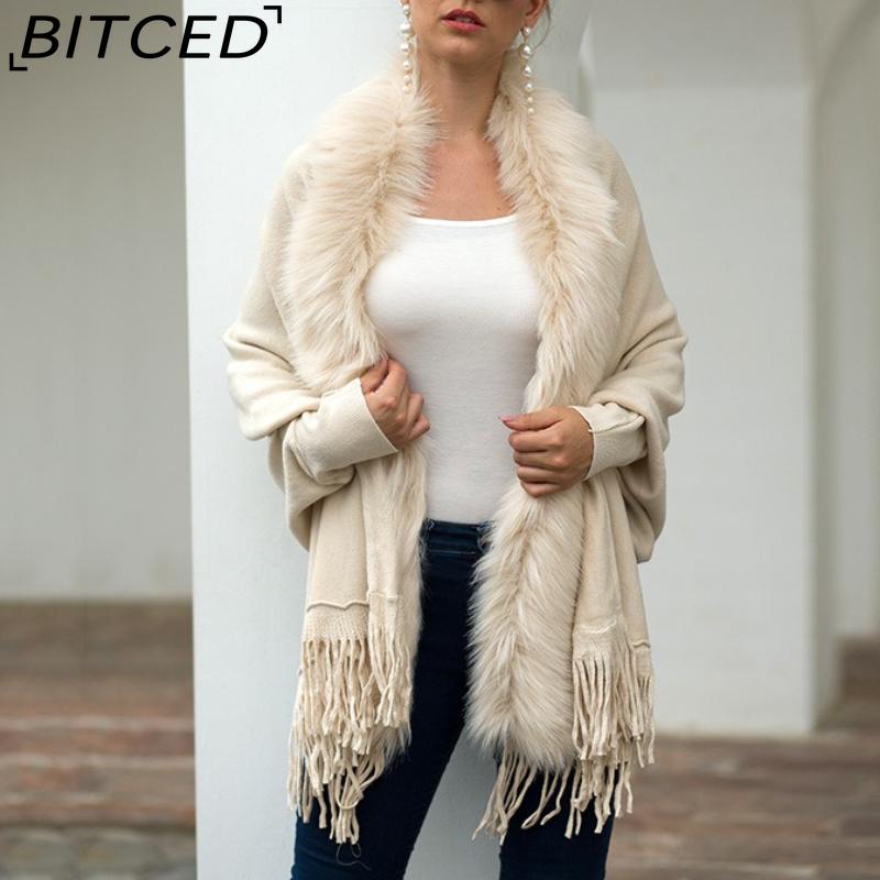 BITCED Fall/Winter Fringe Cape Shawl with Fur Collar Solid-Color Knit Sweater Jacket